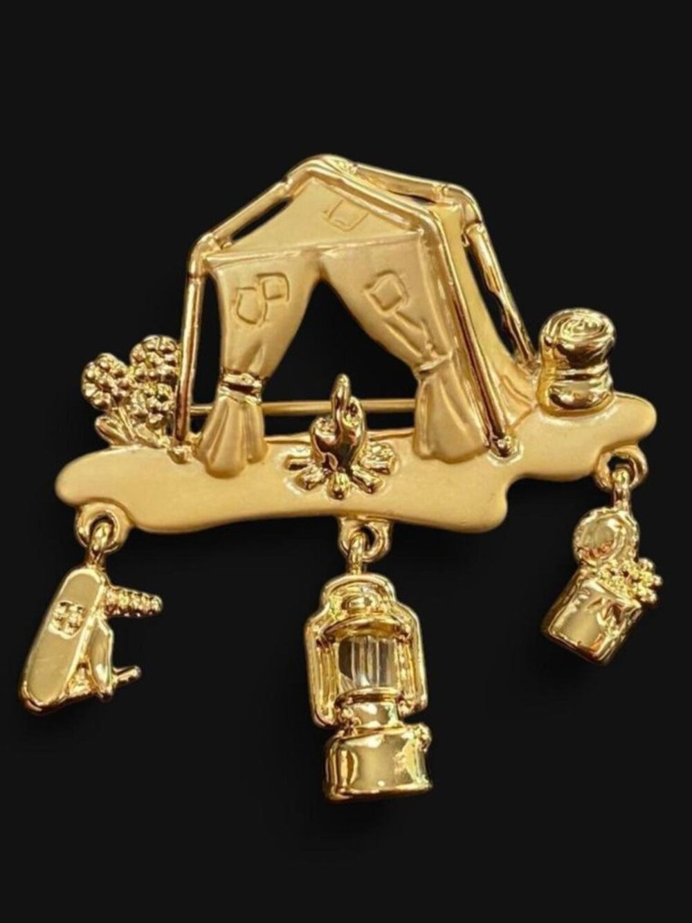 Vintage Signed Danecraft Camping Tent Gold Dangle Charm Brooch Pin Whimsical EUC